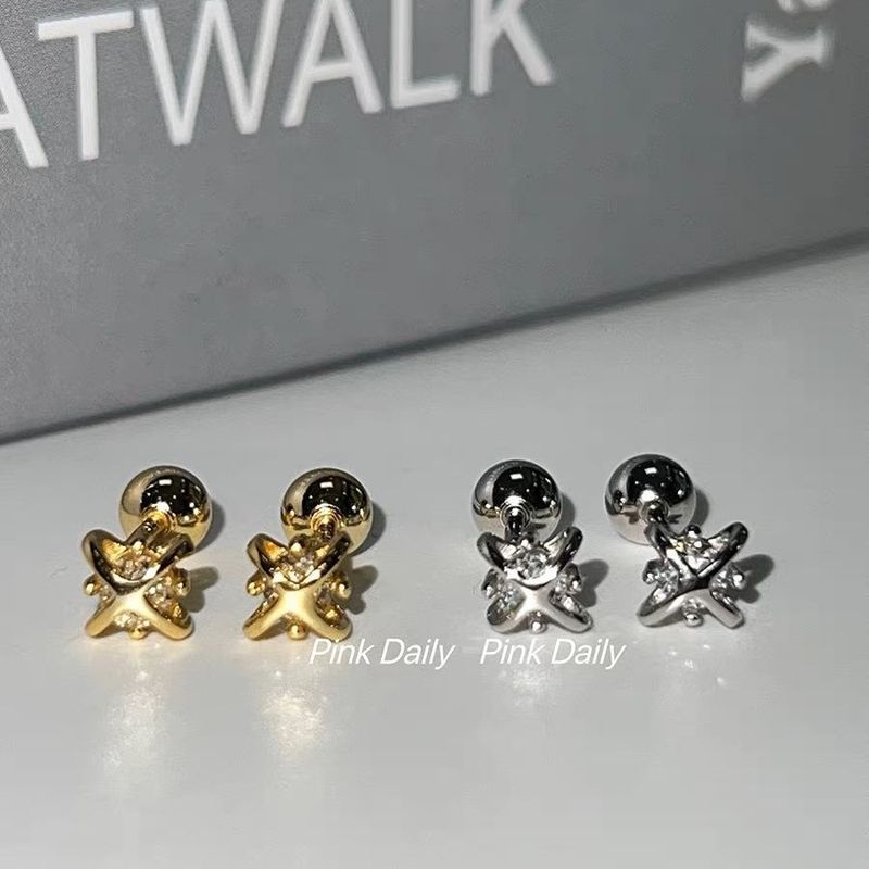 Pink Daily Diamond-studded Cross Planet S Pure Silver Screw Bone Ear Piercing Helix Stud Super Sparkling_voghion.com