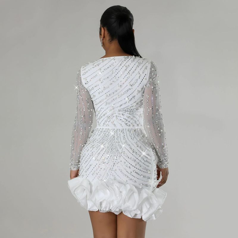 Women's Clothing Fashion Heavy Duty Hot Diamond Beading Ruffle Stitching Sexy Tight Hip Dress_voghion.com