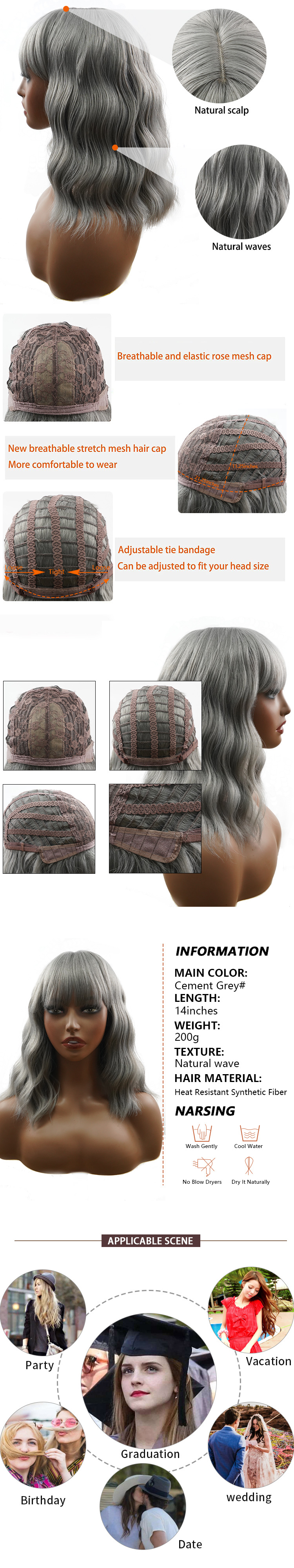 Faserperücke, Stirnband, zementgrau, Pony, Meerwasser, Wellen, kurzes lockiges Haar, Bob, Haarabdeckung_voghion.com