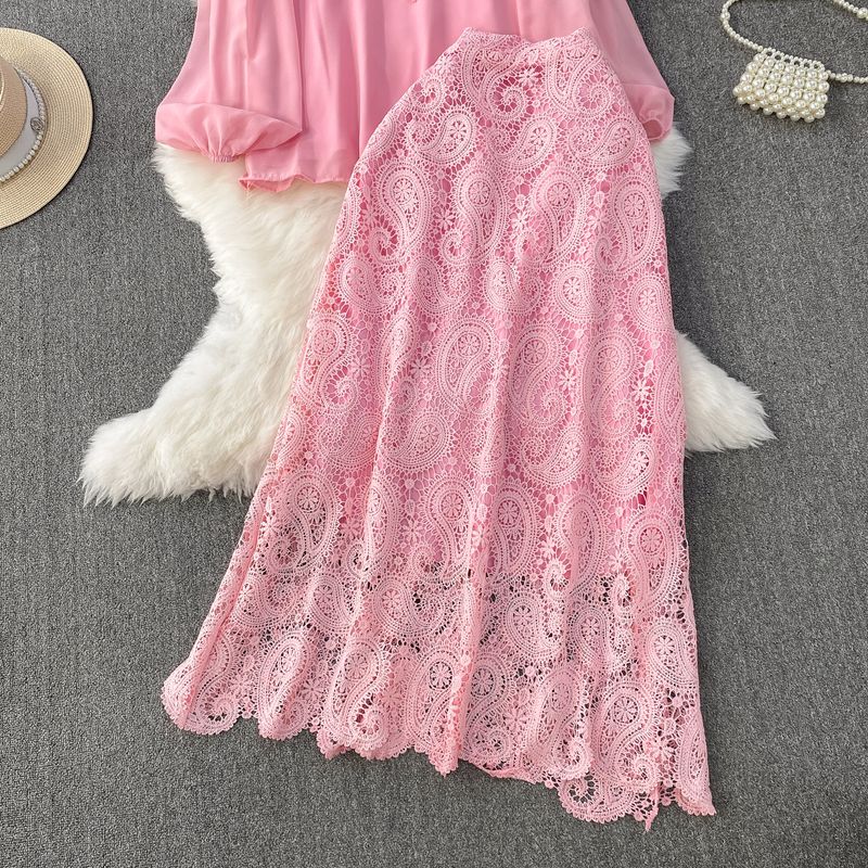 Camicia da donna con fiocco, scollo rotondo, maniche a lanterna, top, tuta, gonna a vita alta in pizzo sottile e patchwork_voghion.com