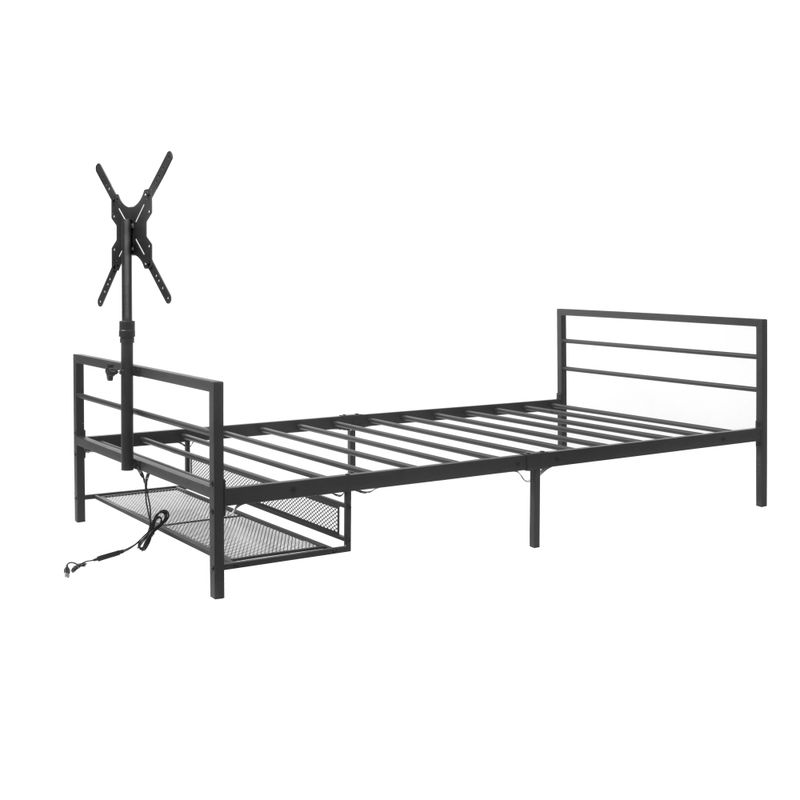 Schwarzes Gaming-Bett Mit Verstellbarer Halterung, LED-Beleuchtung und Unterbett-Aufbewahrungskörben. Großes Metallbett Mit Einer Länge Von 206 Cm._voghion.com