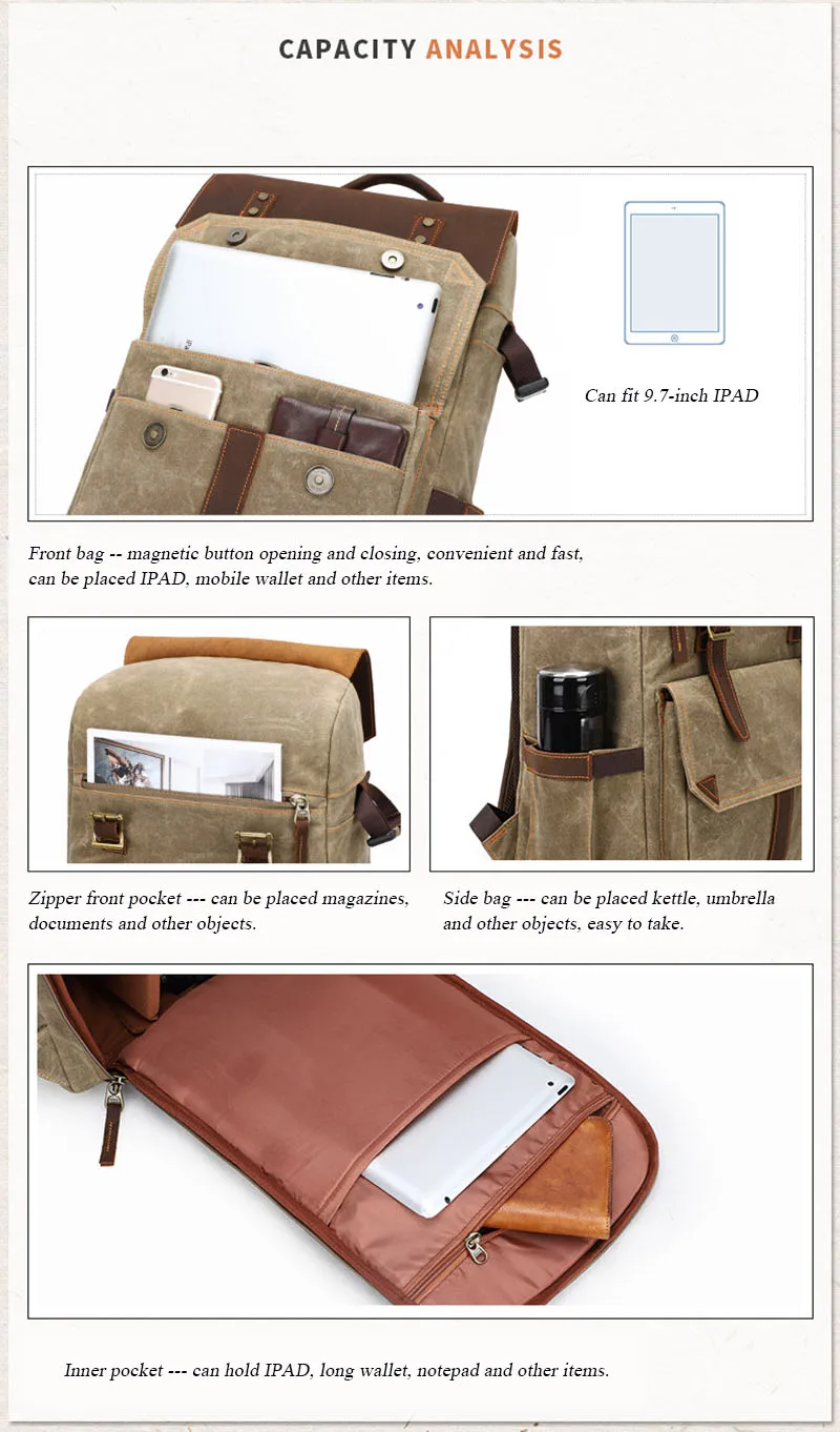 Wasserdichter SLR-Kamera-Rucksack mit großer Kapazität, wachsgefärbtes Canvas, Outdoor-Fotografie-Rucksack, digitale, gepolsterte SLR-Tasche_voghion.com