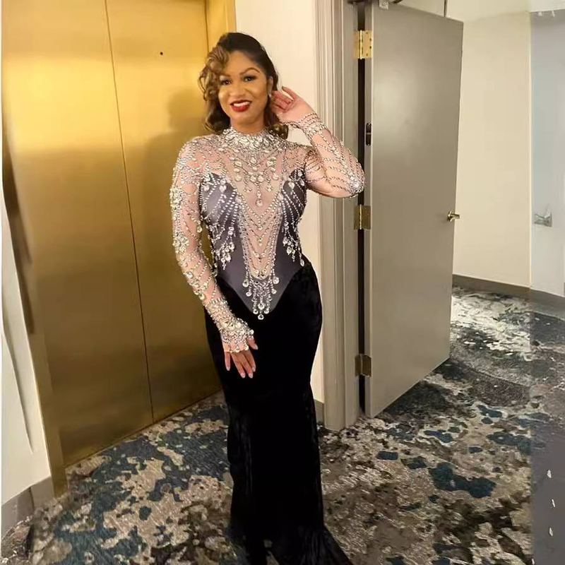 Women’s Clothing Elastic Velvet Fabric, Rhinestone, Sequin, Tassel, Sexy And Figure-hugging Custom Performance Costume Evening Dress_voghion.com