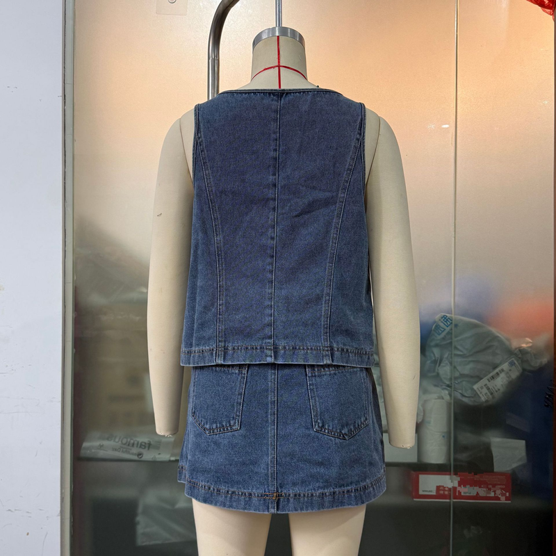 Ropa de mujer Chaleco vaquero sin mangas con cordones Pantalones cortos Traje vaquero lavado_voghion.com