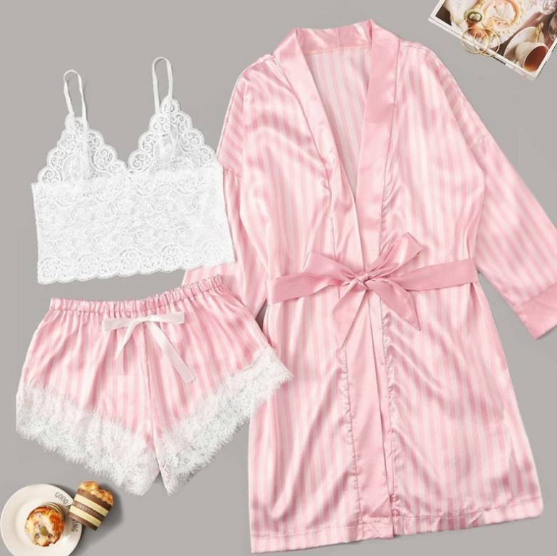 Underwear & Sleepwears Satin Lace Trimmed Babydoll Sleepwear Set Stretchy & Comfortable With Floral Straps Sexy Nightwear (Purple/White, S-XXL)_voghion.com