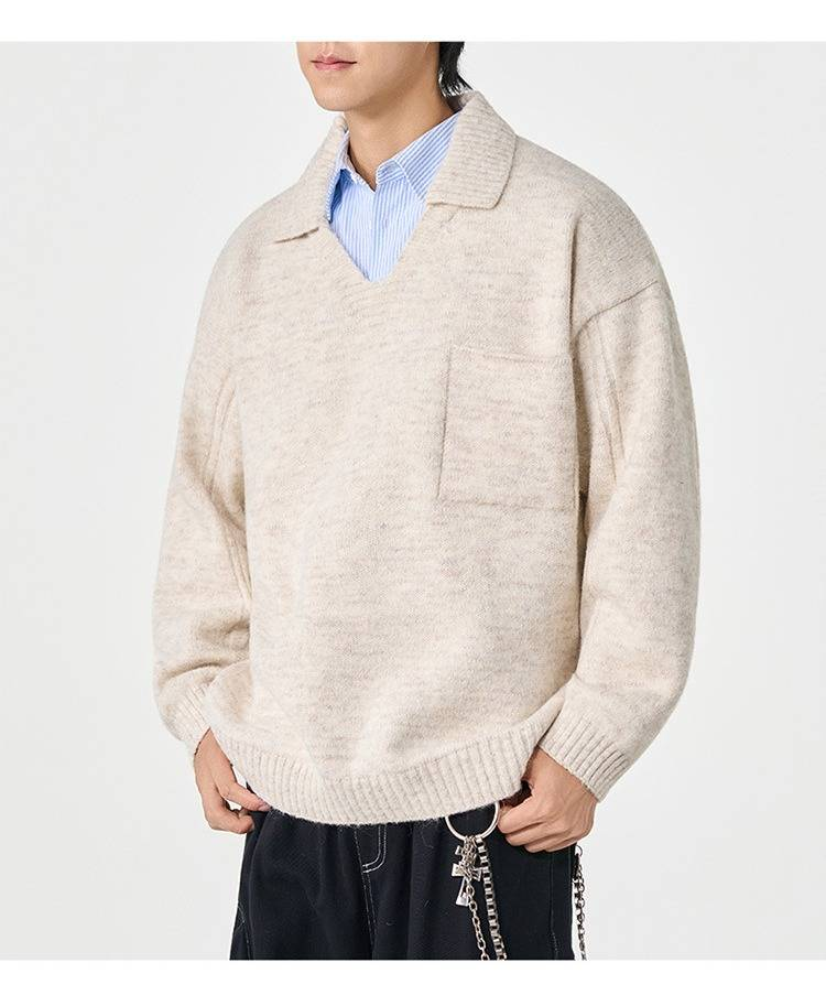 Men's Korean-Style Minimalist Pullover – Solid Color Relaxed Lapel Knit Sweater (Black/Navy/Green/Grey/Cream, M-3XL)_voghion.com