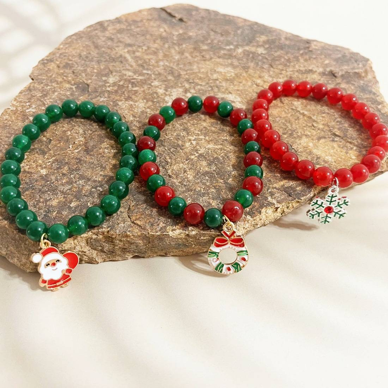 Handcrafted Christmas Beaded Bracelet With Natural Stones - Festive Tree, Snowman & Holiday Charm Design - Unisex Jewelry For Holiday Gifting_voghion.com