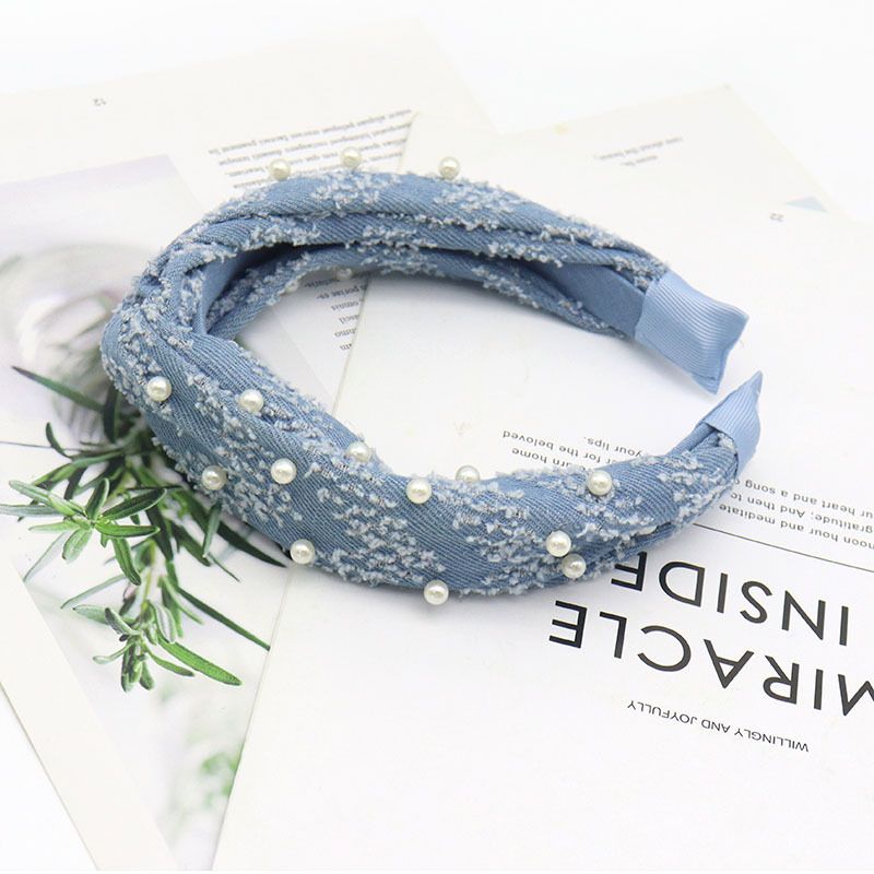 Fascia per capelli in denim blu con nodo largo e perle, alta corona, moda, in saldo, accessori per capelli da esterno_voghion.com