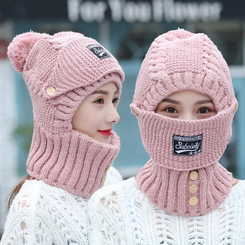 2022 Nuovo Inverno Berretti Lavorati A Maglia Delle Donne di Spessore Caldo Skullies Cappello Passamontagna Femminile Cofano Equitazione All'aperto Set di Colori Solidi_voghion.com