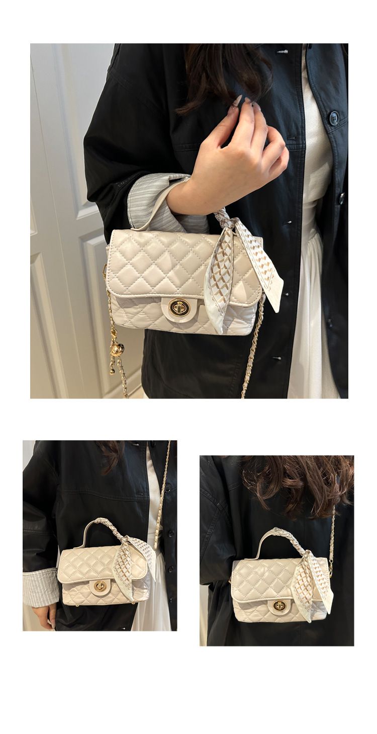 Women's Fashion Shoulder Bag With Quilted Design, Chain Strap & Scarf Detail - Soft PU Crossbody Purse For Daily Commute & Casual Outings_voghion.com