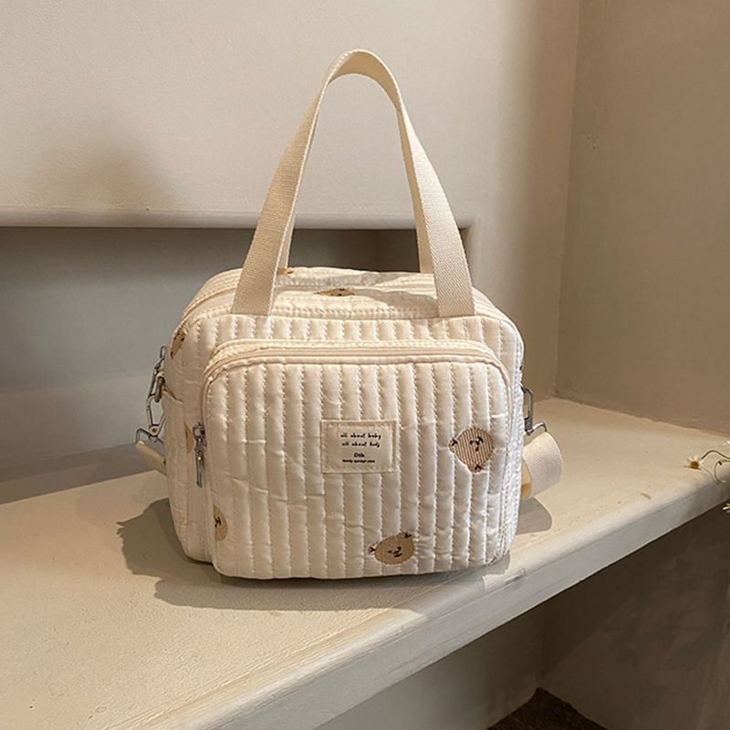 Söpö karhukukka-kirjontakuvio vauvan beige puuvillakangasta vetoketjullinen vaippalaukku uusi matkatavaralaukku_voghion.com