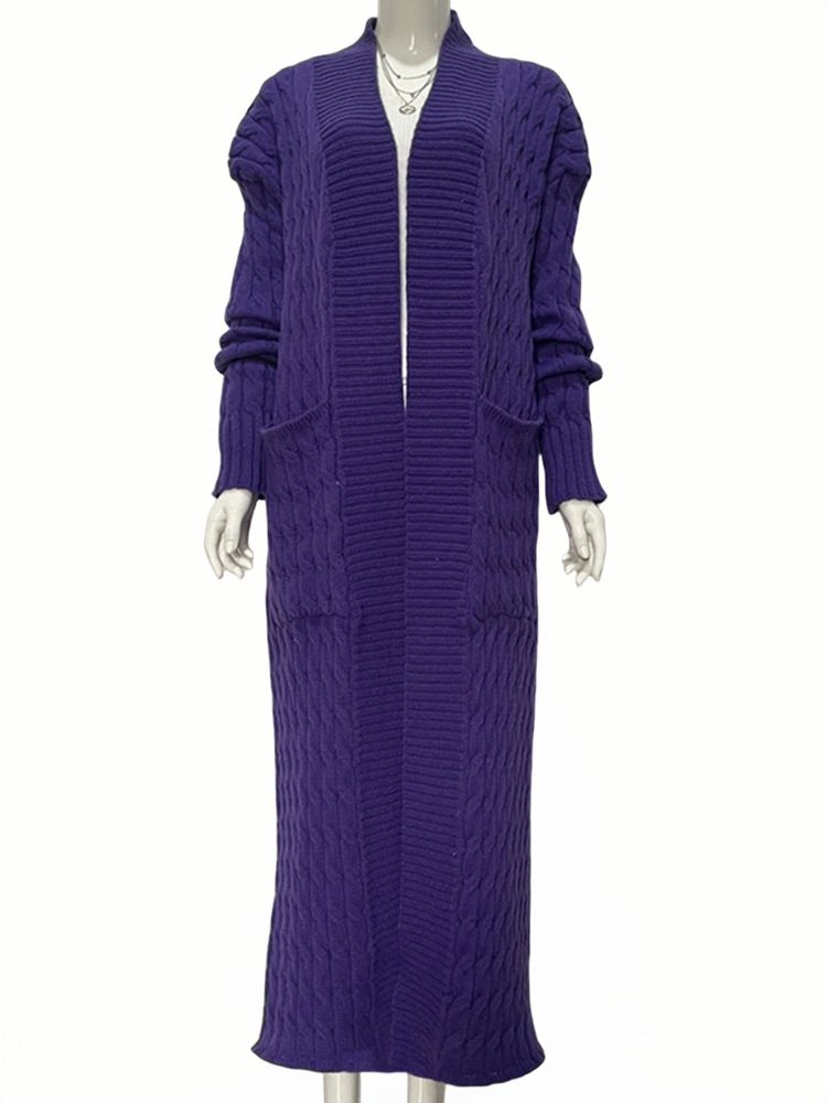 Damen-Strickpulloverjacke mit langen Ärmeln, lockerer langer Strickjacke_voghion.com