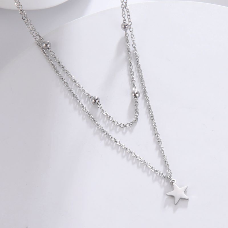 Hot Sales KKjoy Star Pendant Necklace for Women Sier Color Stainless Steel Beads Double Chain Collars Minimalist Jewelry_voghion.com
