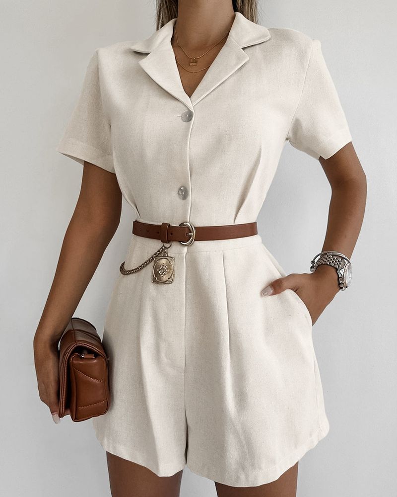 Khaki Linen Waist-cinching Wide-leg Jumpsuit For Women, Commuting Professional Short-sleeve Jumpsuit, Autumn Women's_voghion.com