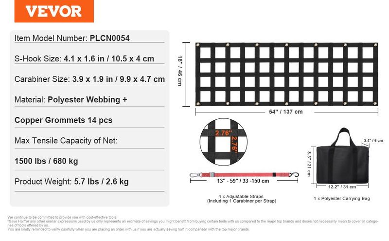 VEVOR Tailgate Net Pickup Truck Tailgate Net 54" X 18" Adjustable For Trucks_voghion.com