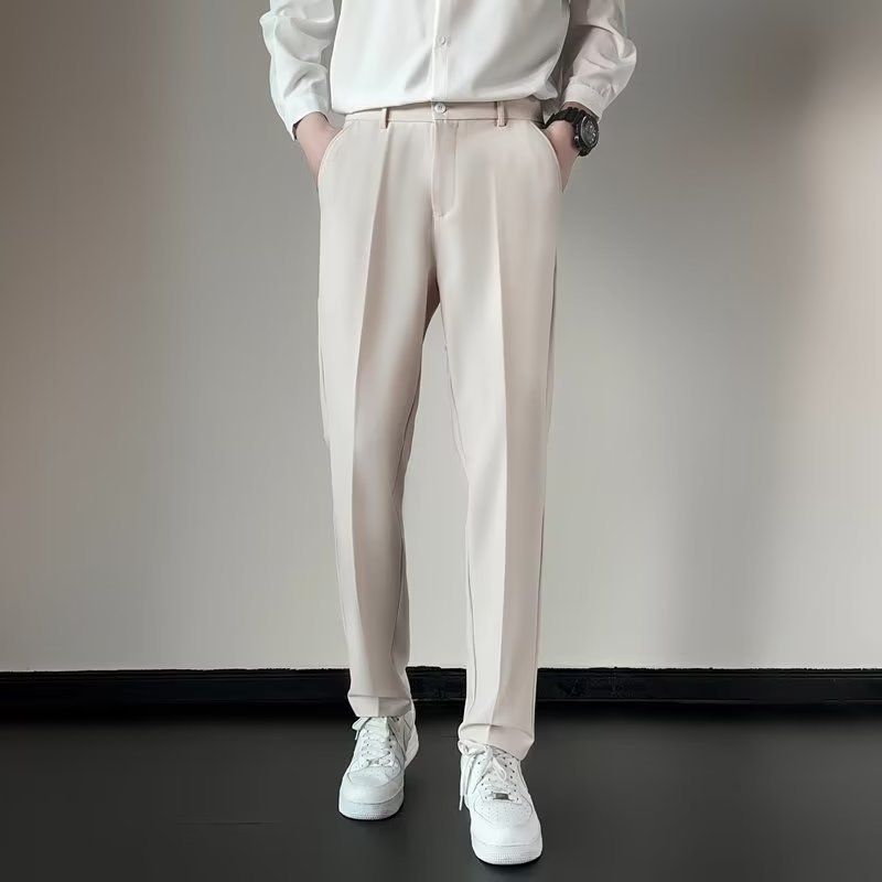 Kleine Anzughose, 9-Zoll-Slim-Fit-Freizeithose mit geradem Bein für Herren, modische, hochwertige, drapierte schwarze Anzughose für Frühling und Herbst_voghion.com