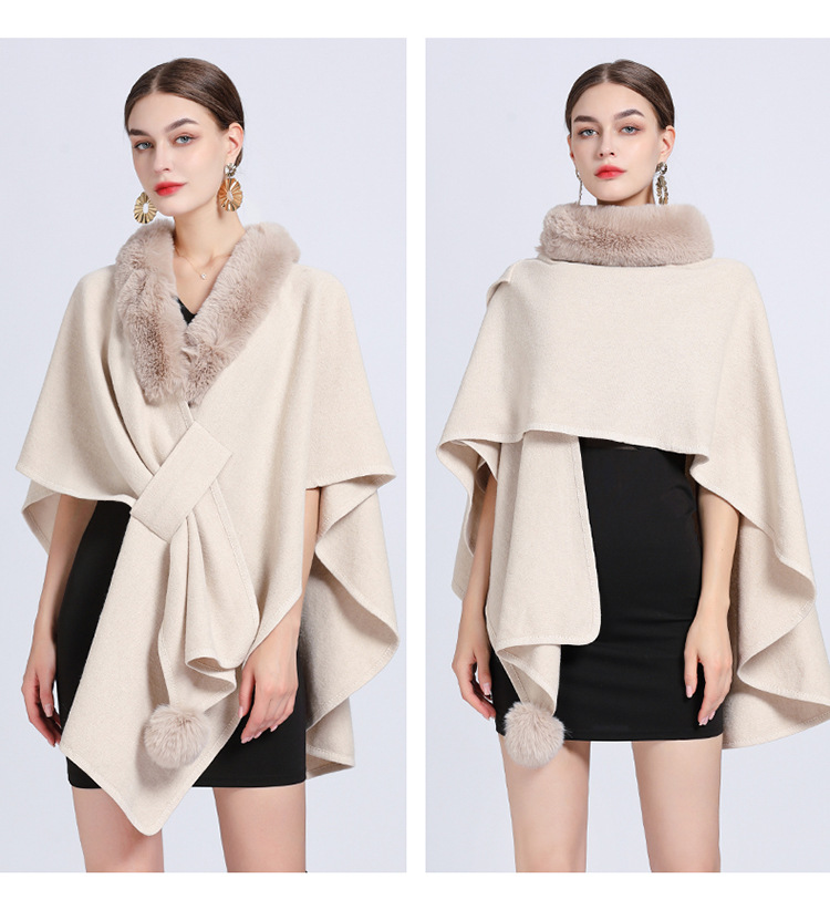 Women's imitation Rex rabbit collar hooded shawl cape large size woolen coat loose cardigan_voghion.com
