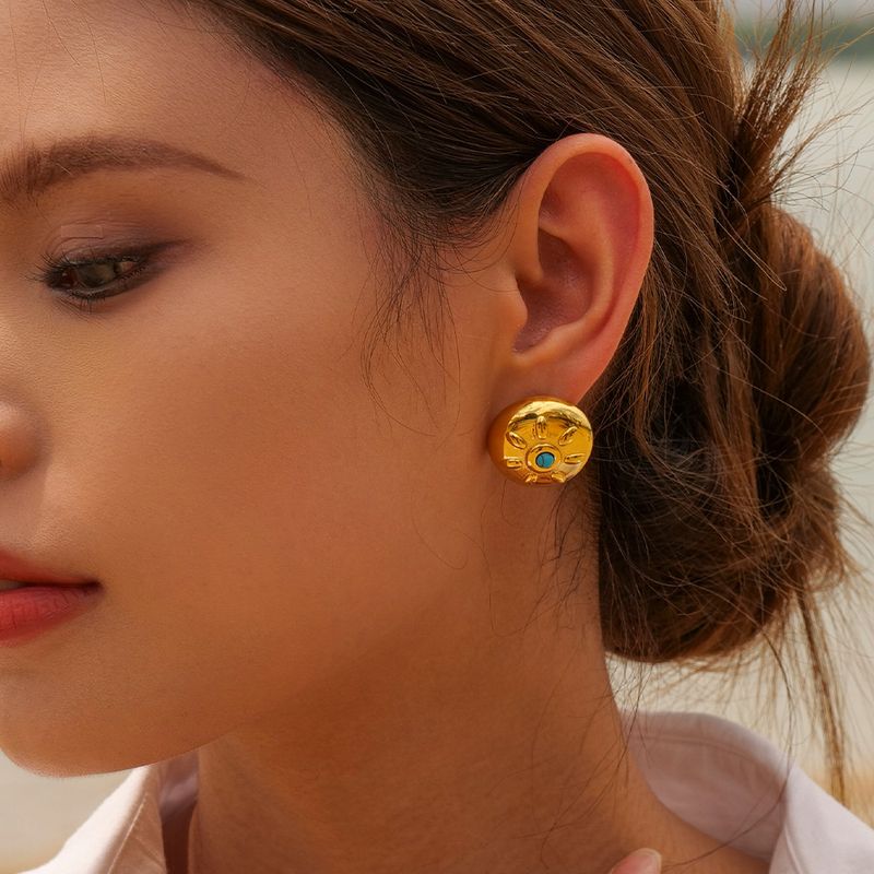 INS Neue Titan Überzogene Mode Gold Edelstahl Eingelegten Türkis Sonne Runde Anhänger Ohrringe_voghion.com