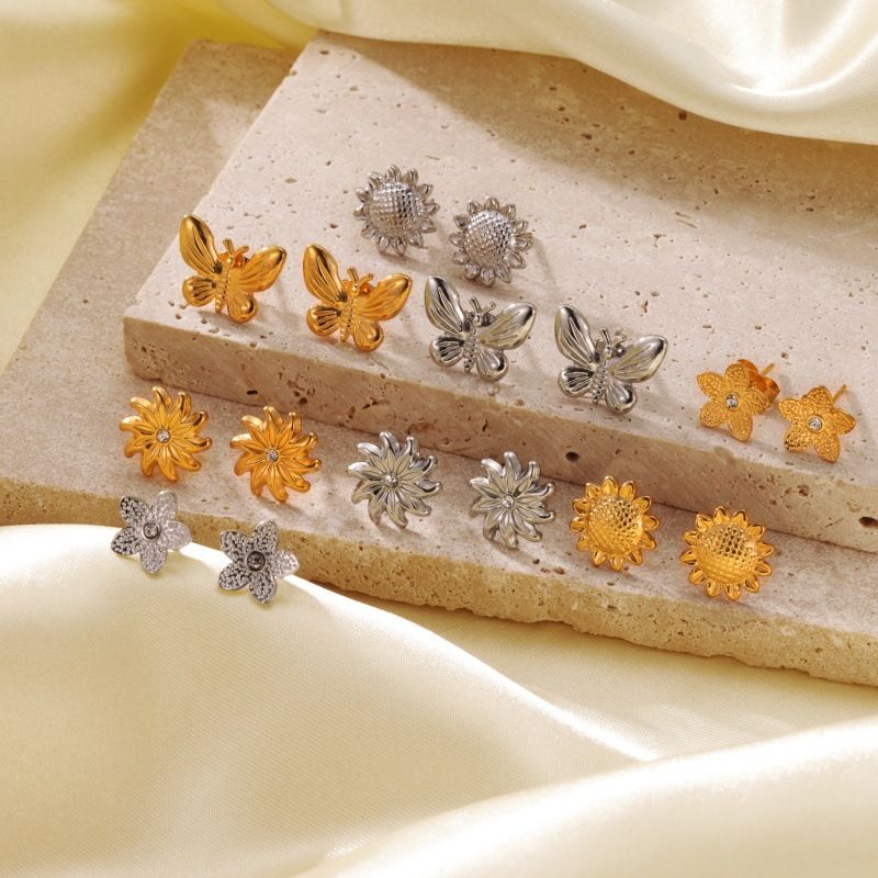 Boucles d'oreilles en acier inoxydable doré, série fleur et papillon, boucles d'oreilles simples haut de gamme en or 18 carats_voghion.com