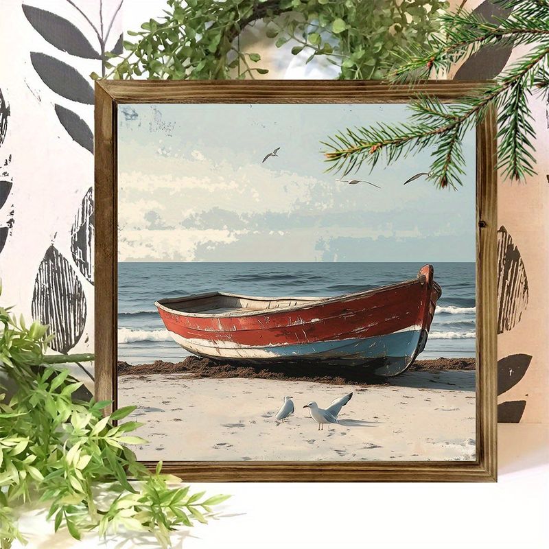 Placa de madeira costeira vintage "8x8" - Cena de praia com barco e gaivota. Decoração rústica de verão para quarto ou escritório. Presente de Natal perfeito._voghion.com