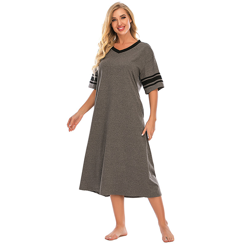 Abbigliamento da donna Nuovo Comodo Scollo a V Largo Contrasto Colore Cotone Maniche corte Casa Vestiti All'ingrosso_voghion.com