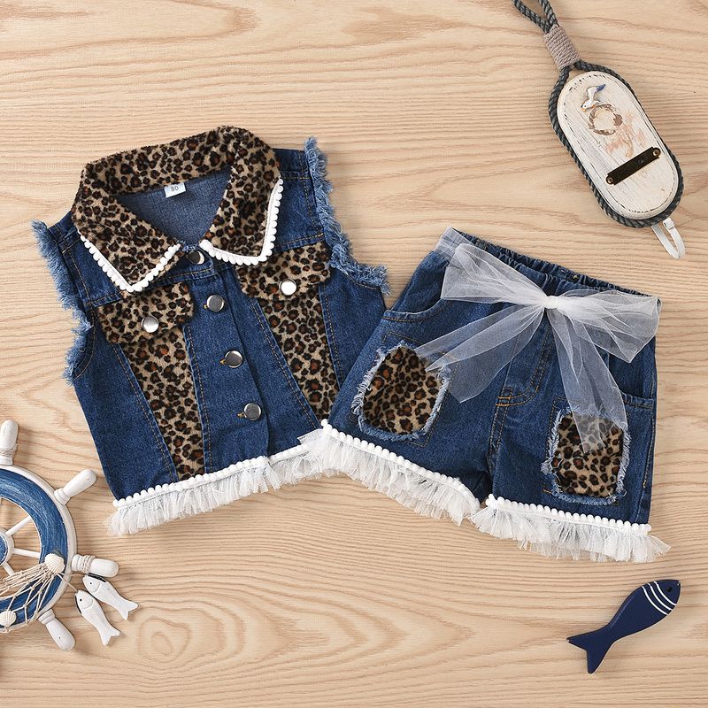 Mother&Kids Children and girls sleeveless lapel denim top + shorts set leopard print patchwork mesh_voghion.com