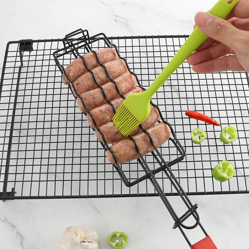 Pinzas para barbacoa de salchichas de acero al carbono para acampar al aire libre - Cesta antiadherente para parrilla de salchichas para cocinar y asar a la parrilla fácilmente_voghion.com