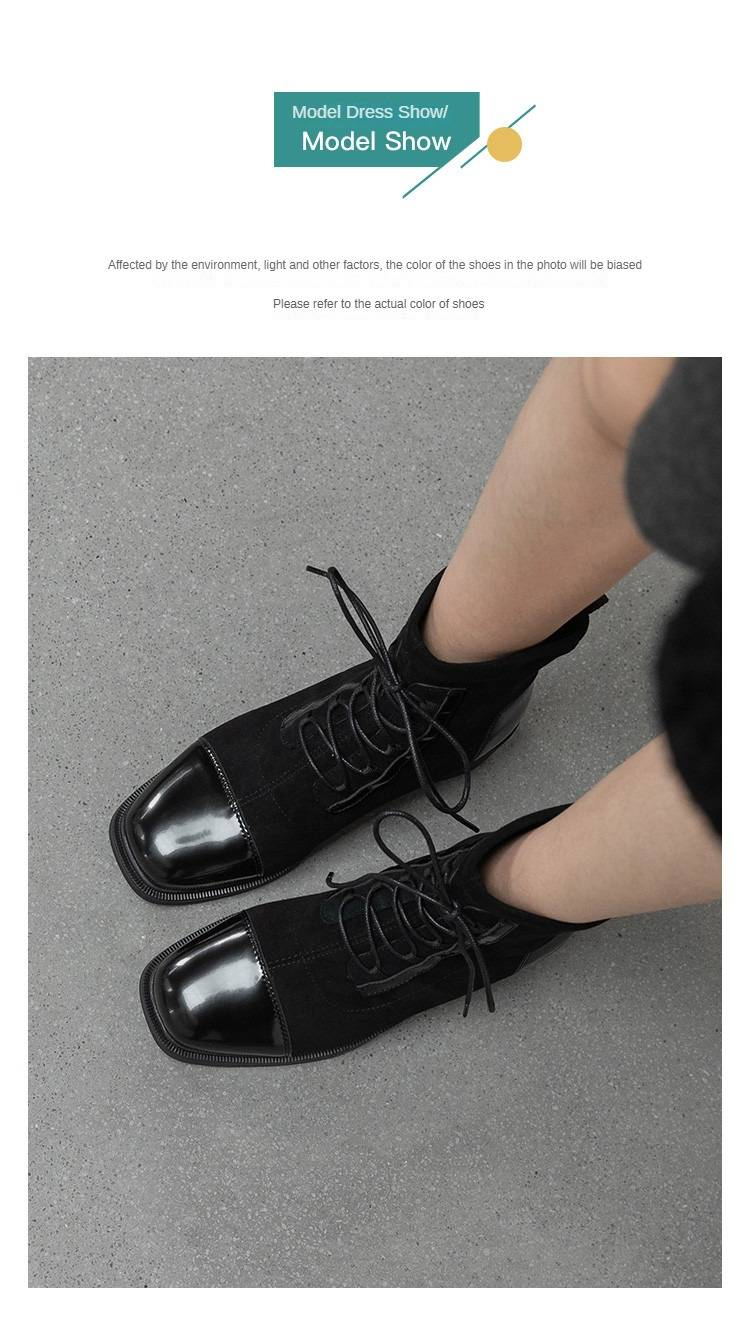 cameido Elastic, Slimming Square-toe Lace-up Elastic Short Boots for Women, Fleece-lined High-heeled Martin Boots for Autumn and Winter 2024_voghion.com