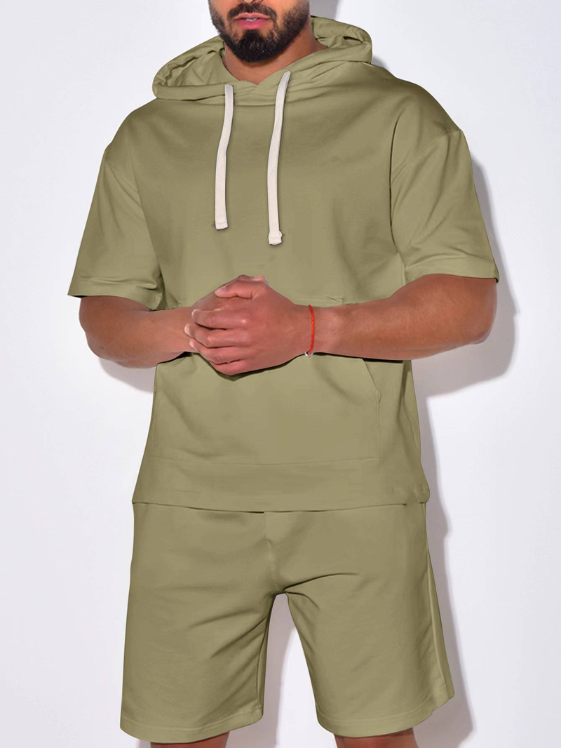 Nuovo prodotto 2025, abbigliamento sportivo casual da uomo europeo e americano, a maniche corte e pantaloncini, con cappuccio, tinta unita, due pezzi_voghion.com