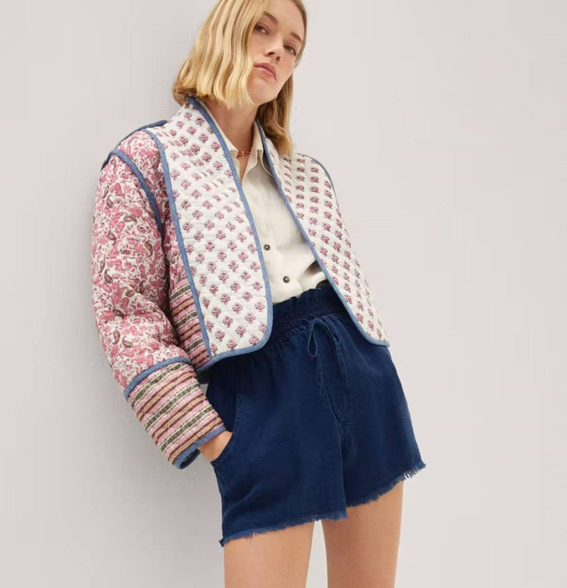 Reversible Abstract Print Polyester Jacket For Women - Streetwear Fashion Outerwear With Stand Collar & Pockets_voghion.com