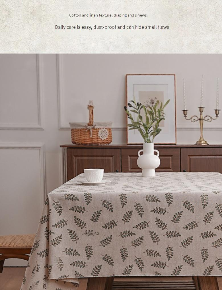 Cotton-Polyester Tablecloth With Willow Leaf Pattern - Rustic Farmhouse Rectangular Table Cover For Dining & Study (Dustproof, Decorative)_voghion.com