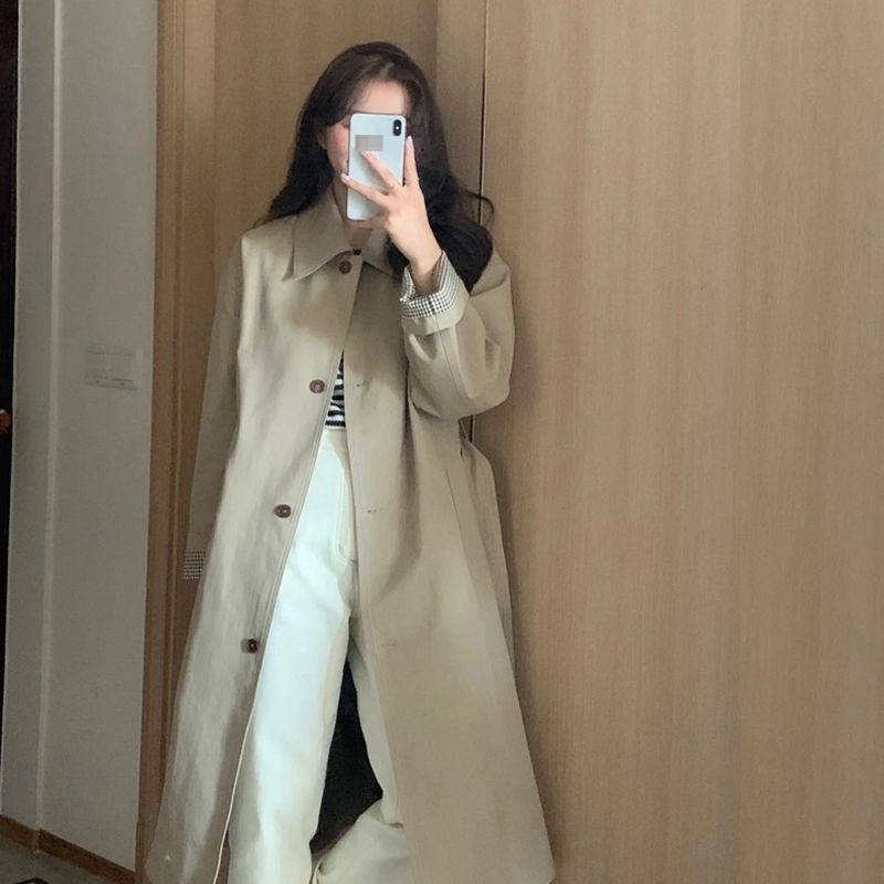 Trench classico color cachi da donna - Cappotto antivento autunnale di media lunghezza con colletto polo, misto poliestere, elegante abbigliamento da ufficio_voghion.com