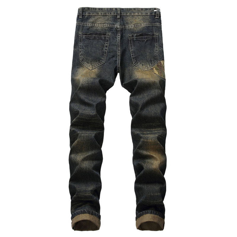 Straight Cut Hole Jeans With Floral Patches Men's Long Pants_voghion.com