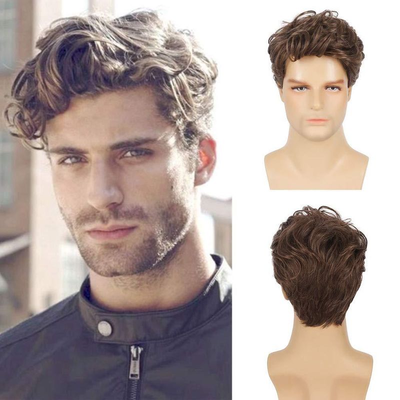 Perruque homme cheveux beaux cheveux bruns cheveux courts bouclés longue frange bouclée cheveux courts perruque naturelle bouclée_voghion.com
