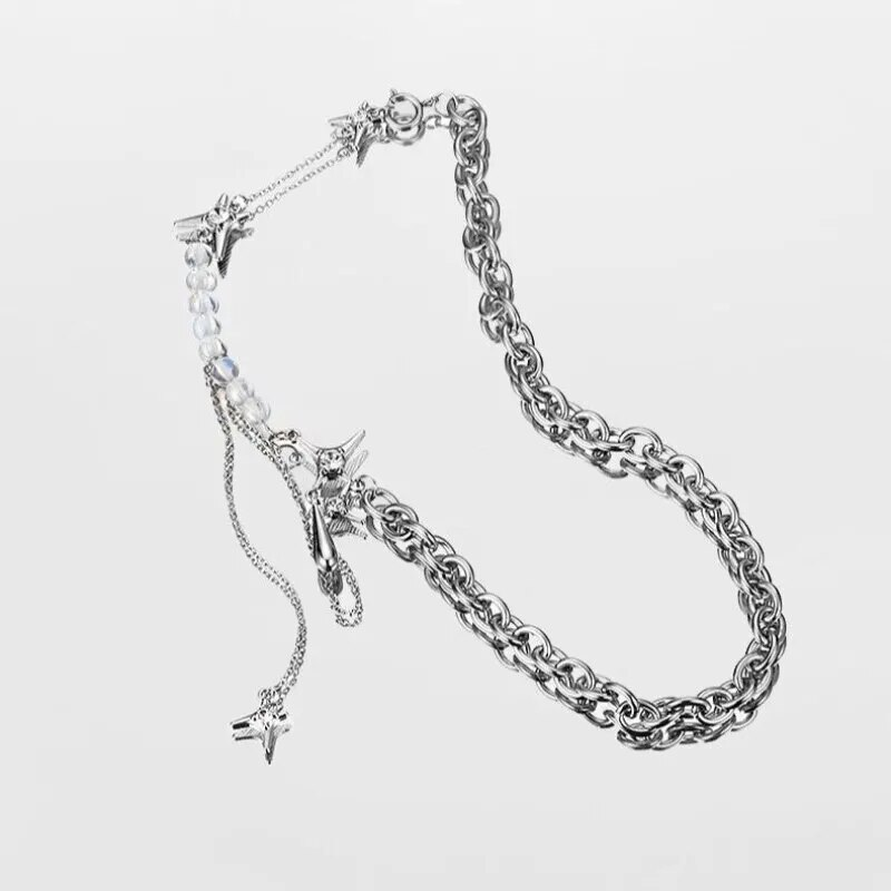 1 pieza de collar plateado para mujer, estilo punk ligero de lujo, colgante de borla tipo lágrima con cuentas de mano, cadena redonda en forma de o_voghion.com