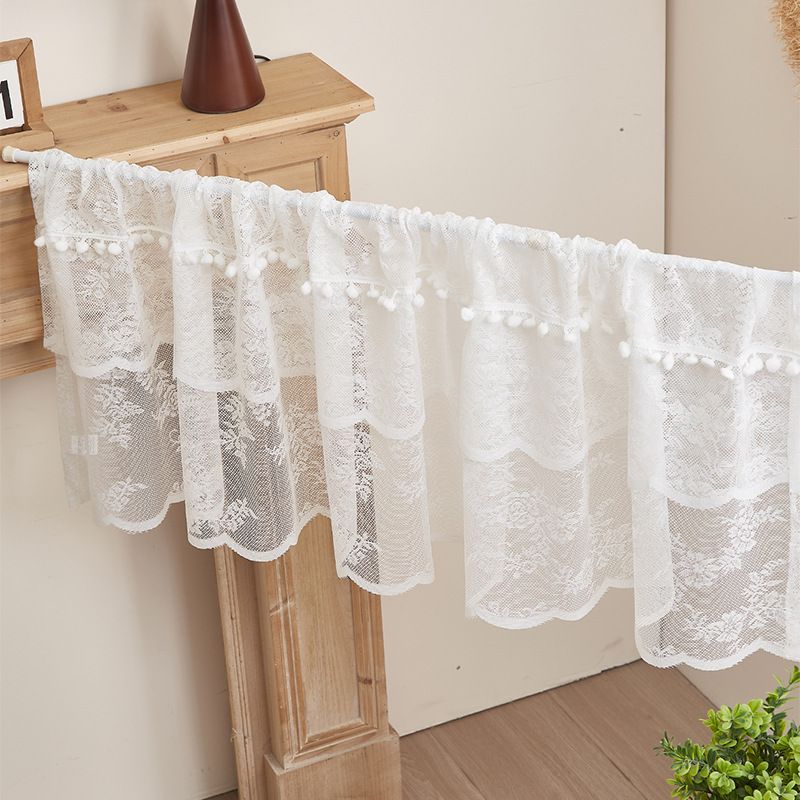 Amerikanischer nordischer weißer Spitzen-Küchentrennvorhang mit Haarballen, Kaffeevorhang, Türvorhang, Erkerfenster, kurzer Vorhang, Schrank, dekorativer Vorhang_voghion.com