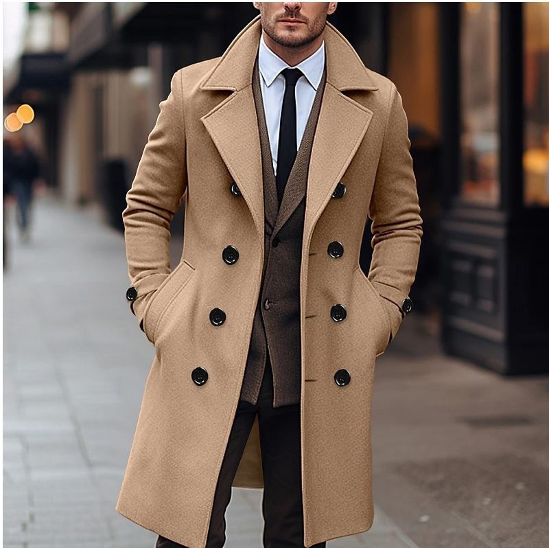 Klassischer zweireihiger Mantel aus Wollmischung für Herren – Slim Fit Trenchcoat mittlerer Länge in Unifarben (Anthrazit, Schwarz, Khaki, Hellgrau)_voghion.com
