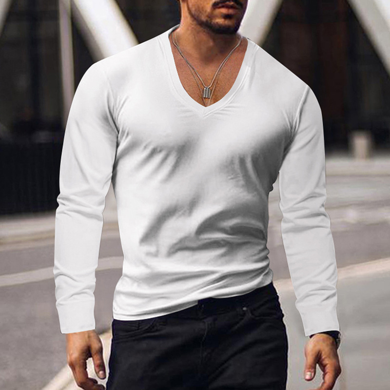 Herrenbekleidung, T-Shirt, Oberteil, Herbst und Winter, unten, V-Ausschnitt, einfarbig, große Größe, lässiges T-Shirt mit langen Ärmeln_voghion.com