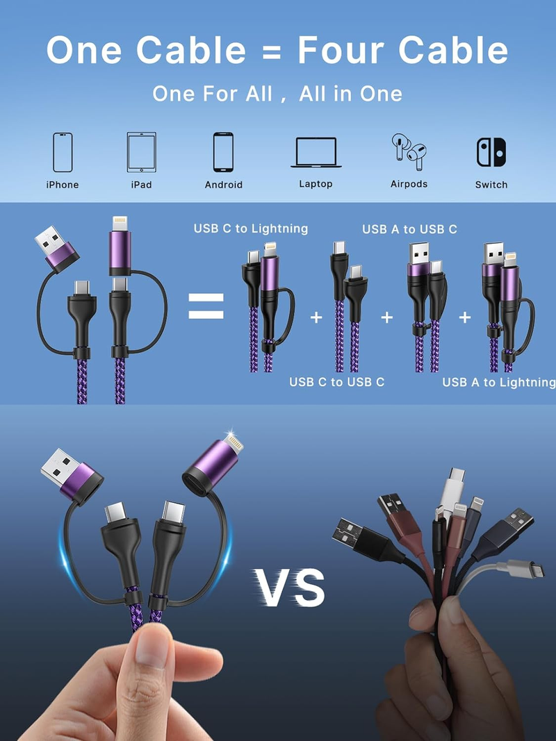 Kabel adaptera C 60 W \/3 A szybki kabel do transmisji danych, 4 w 1 USB A \/C do typu C \/ładowarka Lightning z nylonowym oplotem i wieloma funkcjami ładowania_voghion.com