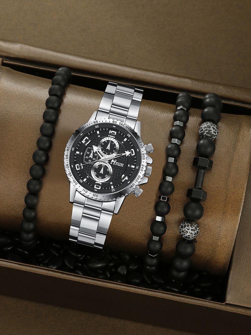 Men's Watch Set Grid Digital Pointer Steel Band Men's Quartz Watch Business All Match Crown Bracelet Set_voghion.com