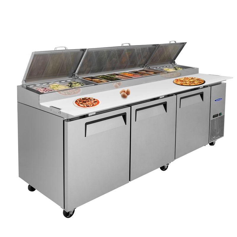 Orikool 93 IN Commercial Pizza Prep Table With A Built-in Refrigerator 30.8 Cu.Ft, Butcher Block Cutting Board, Protection Lid, Cold Storage, And Smooth-Rolling Casters, ETL Certified_voghion.com