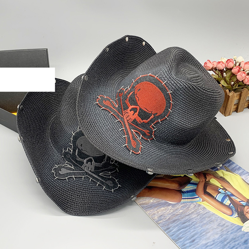 Pălărie de cowboy neagră cu craniu, personalitate masculină și feminină, pălărie de cowboy în aer liber, pălărie de paie_voghion.com