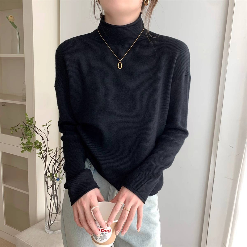 Large size chubby mm autumn new women's knitted shirt with half high collar, loose fit, long sleeved bottom, warm and slimming top_voghion.com
