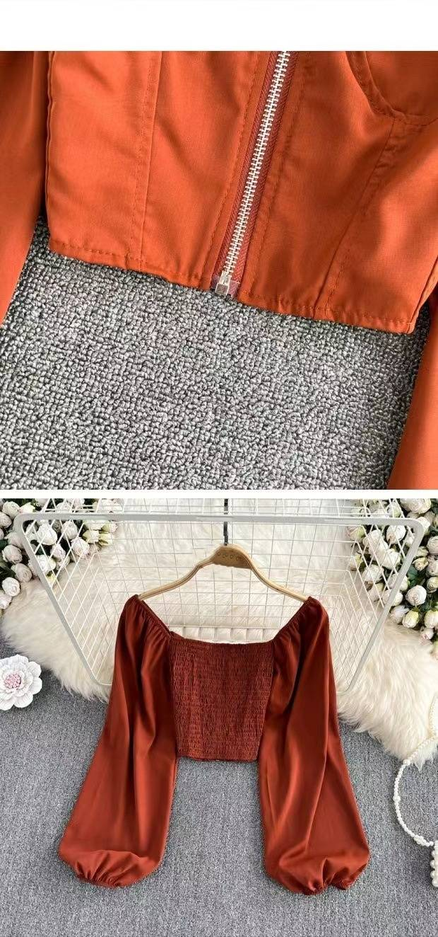 Damenbekleidung Retro Mädchen Reißverschluss Freiliegendes Schlüsselbein Puff Langarmshirt Damen Modisches Kurzes Top Crop Top_voghion.com