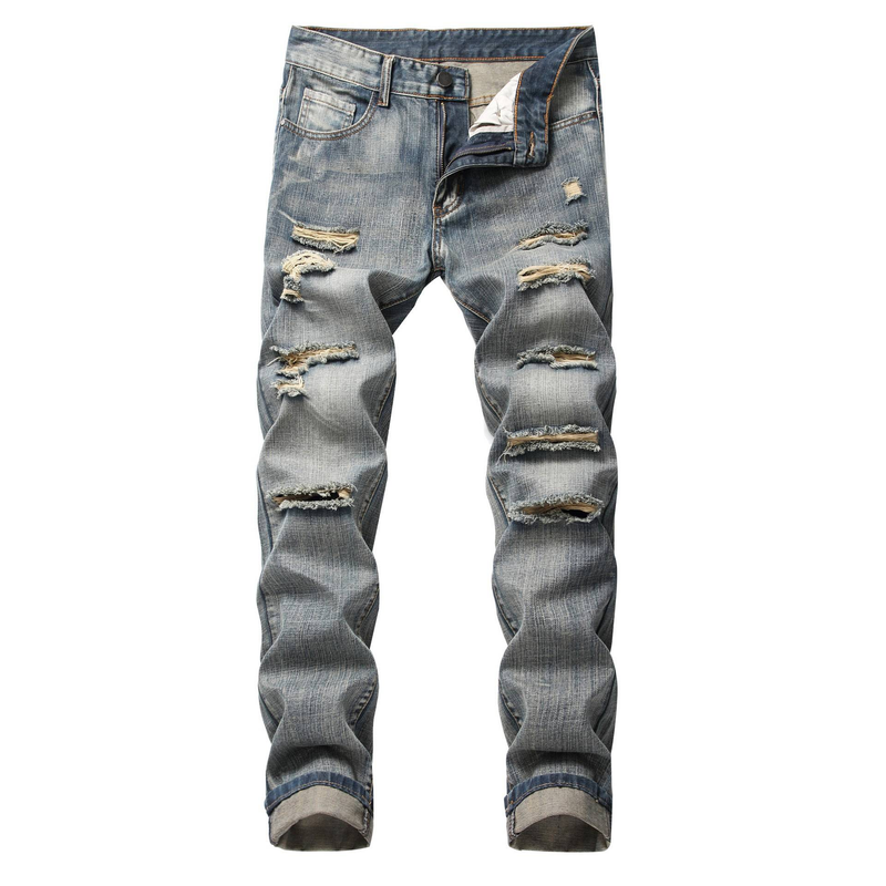Jeans strappati da uomo, gamba dritta, vestibilità slim, pantaloni in denim non elasticizzati strappati da uomo LY010_voghion.com