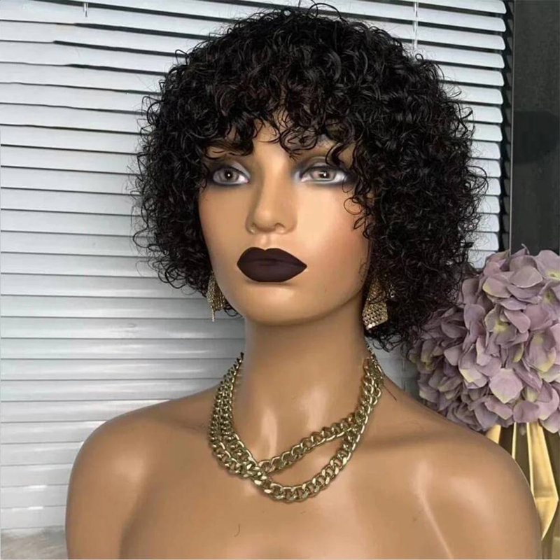 Natural Black Short Bob Pixie Cut Wigs Full Machine Made Wigs For Women Glueless Kinky Curly Wigs 180% Density 8"-10"_voghion.com