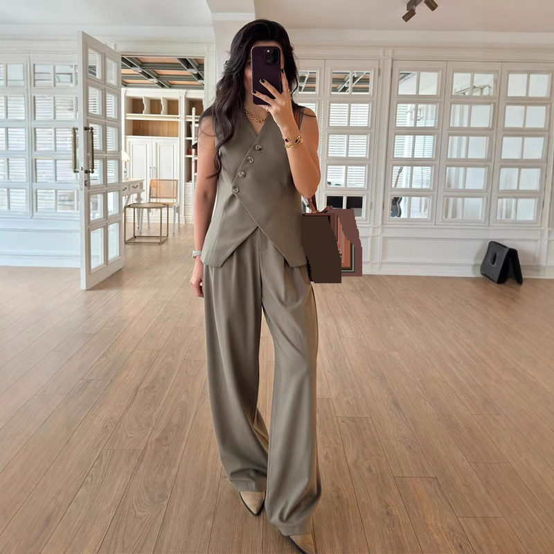 Ensemble deux pièces à la mode, décontracté, col en V, gilet, taille haute, pantalon de costume_voghion.com