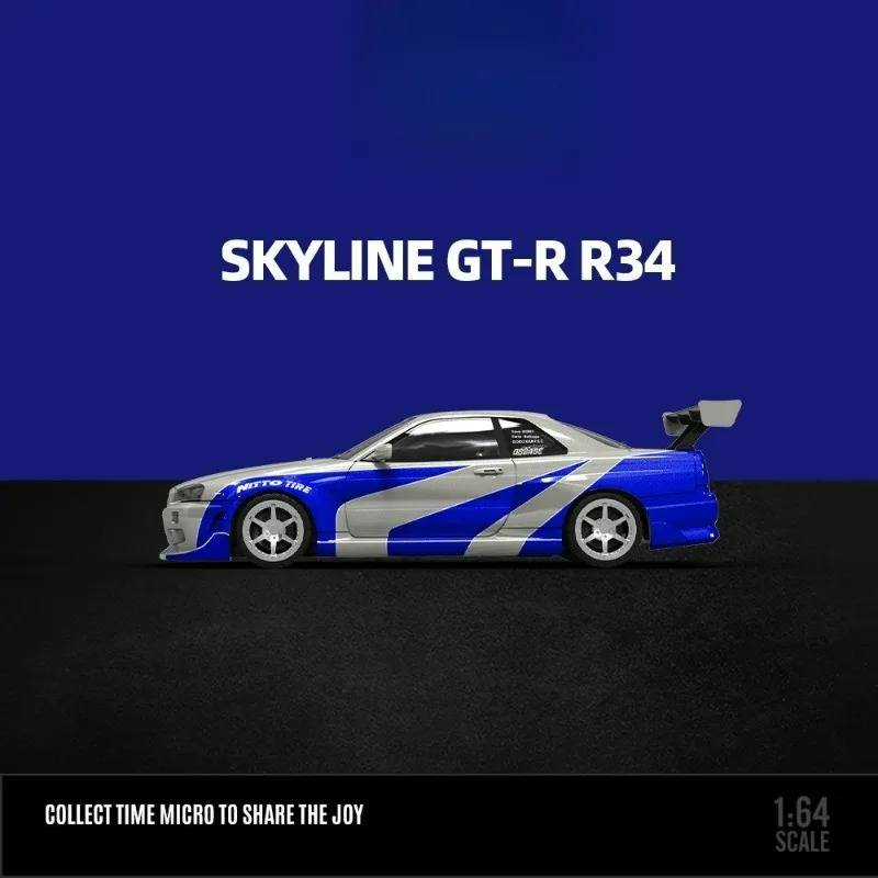 1:64 GT-R R34 Blue Silver Painting Alloy Car Model Model Car Collection& Display& Gift_voghion.com