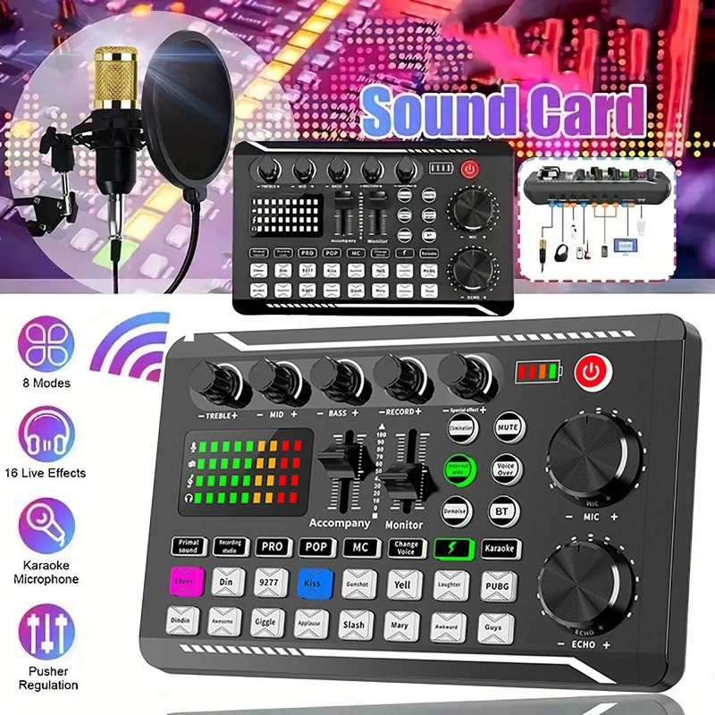 F998 Live Sound Card Wireless Bluetooth DJ Device Live Broadcast Sound Card With RGB Colorful Buttons BM-800 Microphone Sound Ca_voghion.com