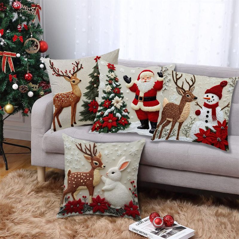 Federa per cuscino natalizio, decorazione festiva per divano, cuscino decorativo in lino, motivo alce e coniglio_voghion.com